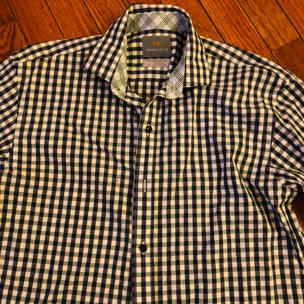 Thomas Dean Green Multi Cotton Poplin Button Shirt